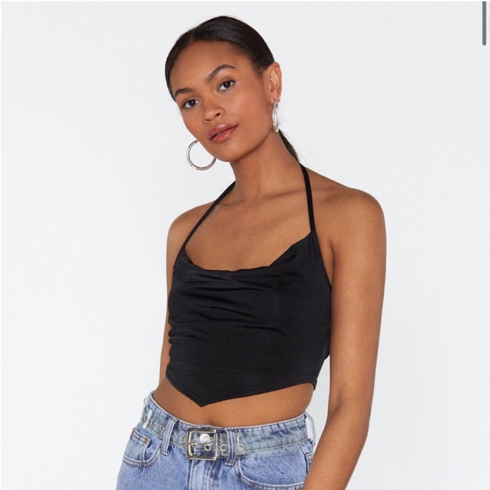 NWT Nasty Gal Black Slinky Cowl Handkerchief Hem Crop Top Size 4